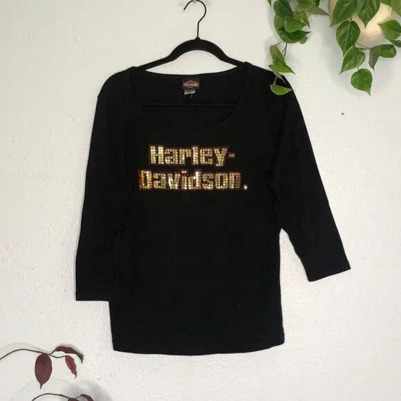 Harley Davidson Black Scoop Neck Top Sparkle XL - Picture 2 of 6